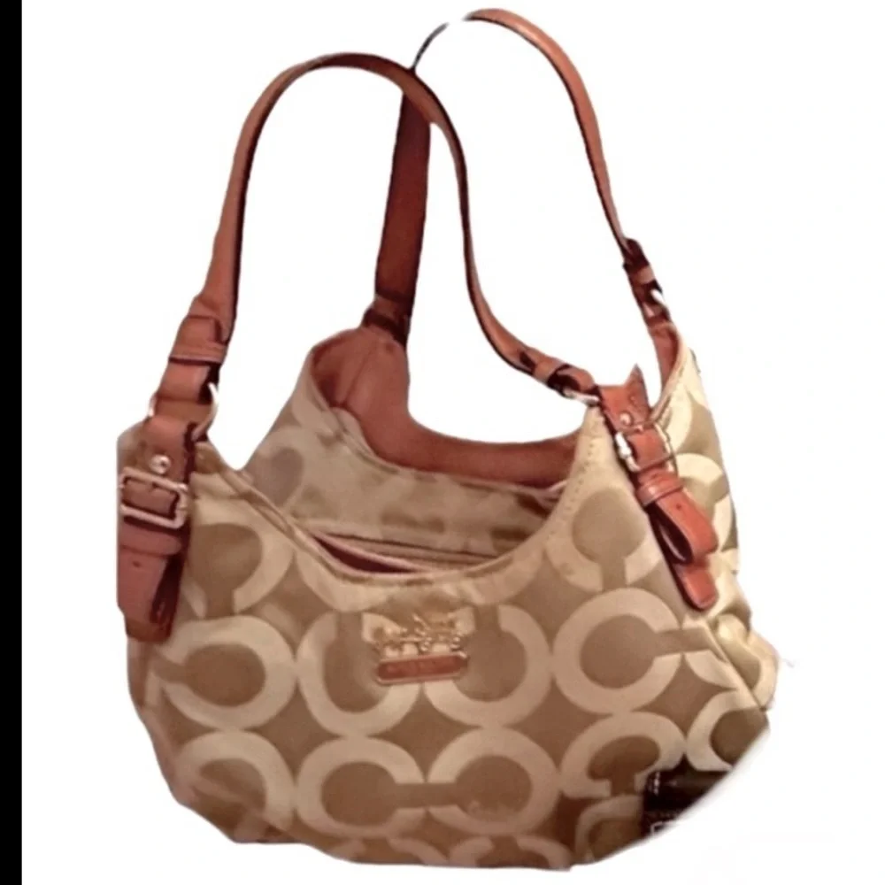 Coach Canvas & Leather Tan Signature Logo Shoulder Bag. GUC “Peach” Straps, VNTG - Picture 1 of 10